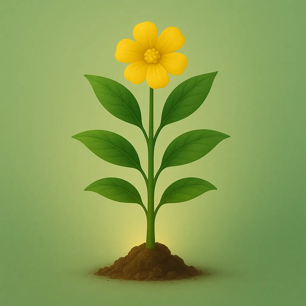 Illustration of a blooming yellow flower growing from soil with lush green leaves. Soft green background with warm lighting effect.