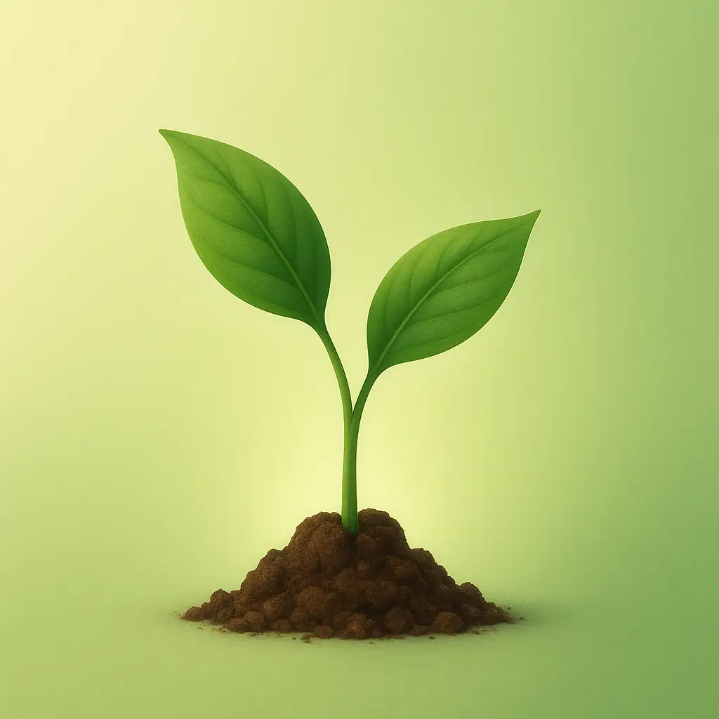 Illustration of a small green seedling sprouting from a mound of soil with two leaves. Soft green background with glowing light effect.