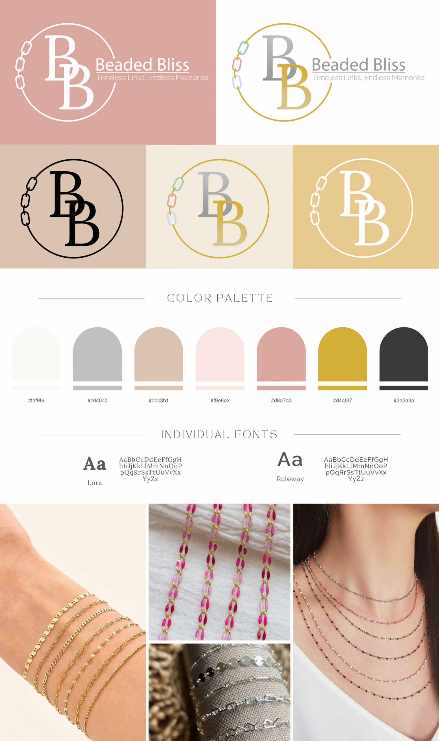 Brand board for Beaded Bliss permanent jewelry business, showing logo variations, color palette, fonts, and product photography with gold and beaded chain jewelry.