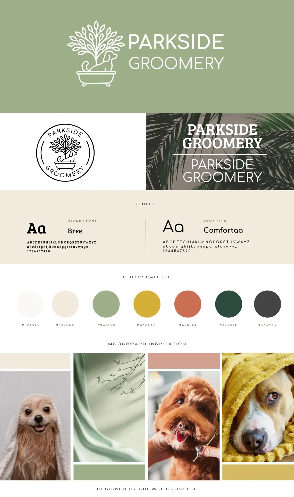 Brand board for Parkside Groomery showing logo variations, fonts, color palette, and moodboard images of dogs and natural textures.