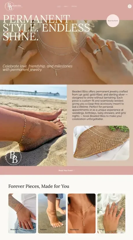 Screenshot of the Beaded Bliss website design showing permanent jewelry branding, lifestyle product photos, founder story section, and event booking details.