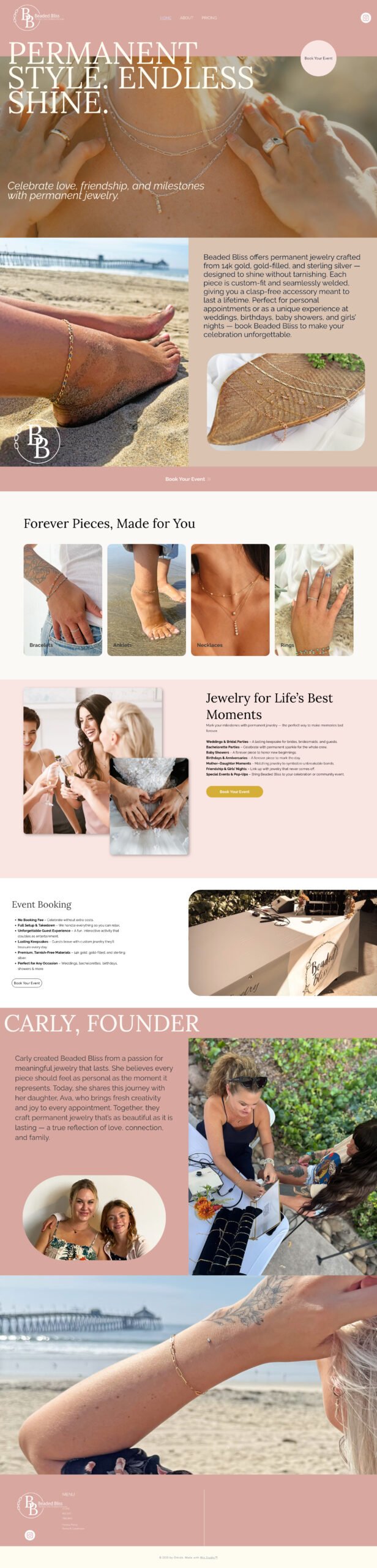 Screenshot of the Beaded Bliss website design featuring permanent jewelry branding, lifestyle images of bracelets and anklets, product highlights, founder introduction, and event booking section.