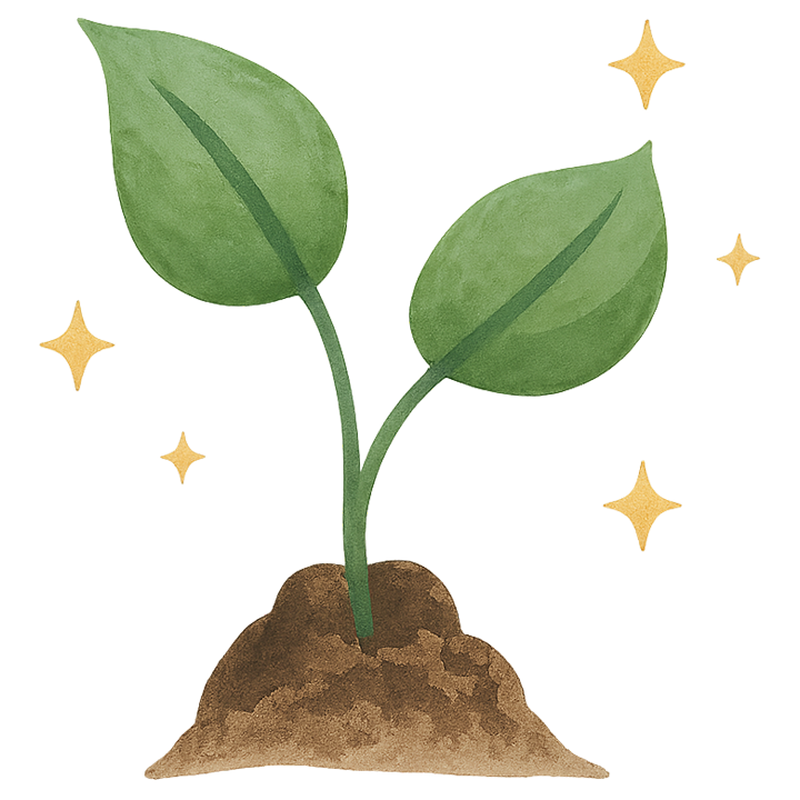 Green seedling sprouting from soil with sparkles around it.