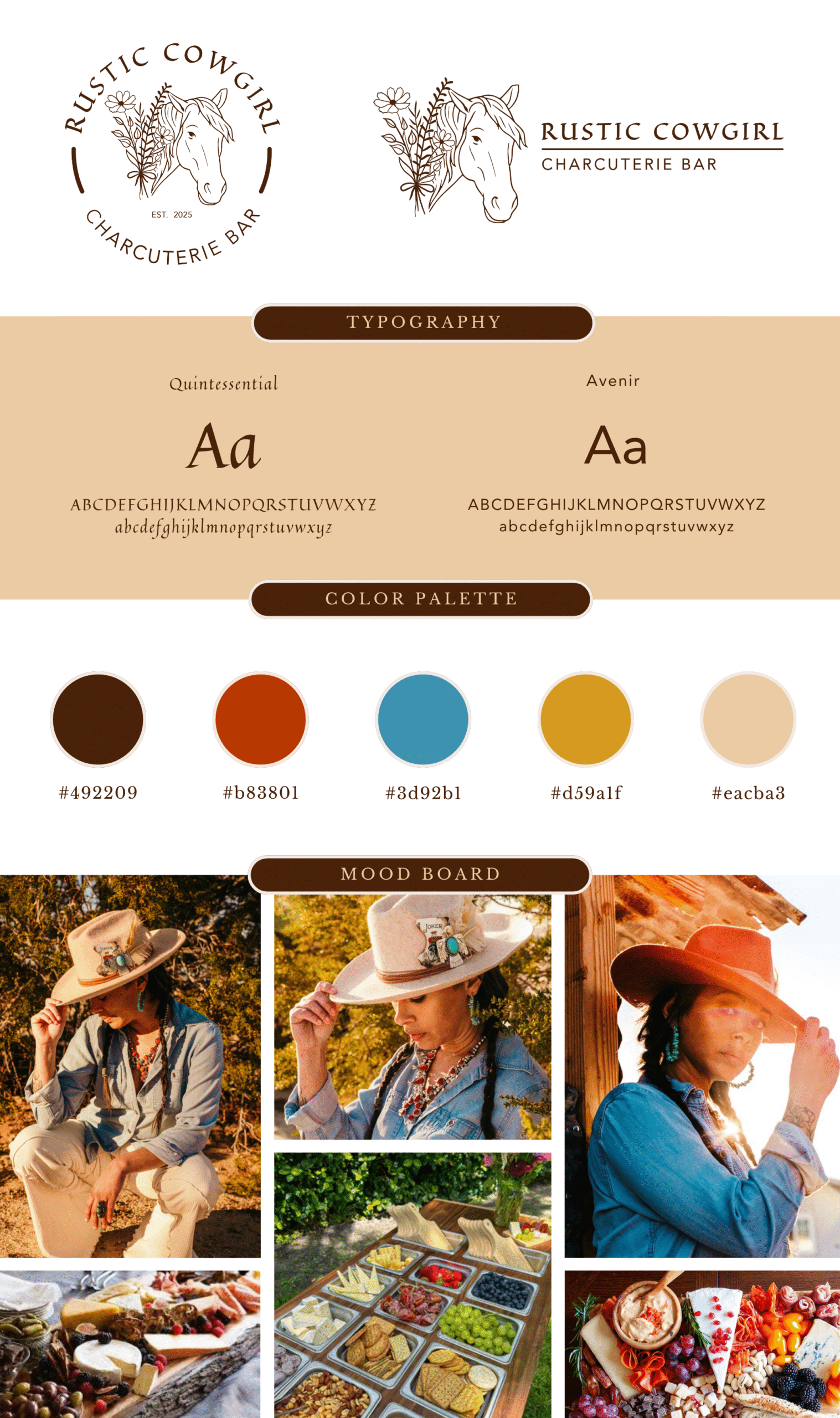 Rustic Cowgirl Charcuterie Bar brand board featuring logo designs, typography, earth-toned color palette, and rustic lifestyle imagery.