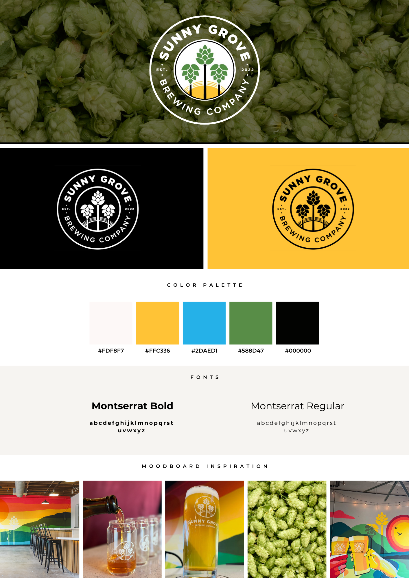 Sunny Grove Brewing Company brand board featuring logo variations, color palette, typography, and brewery mood board imagery.