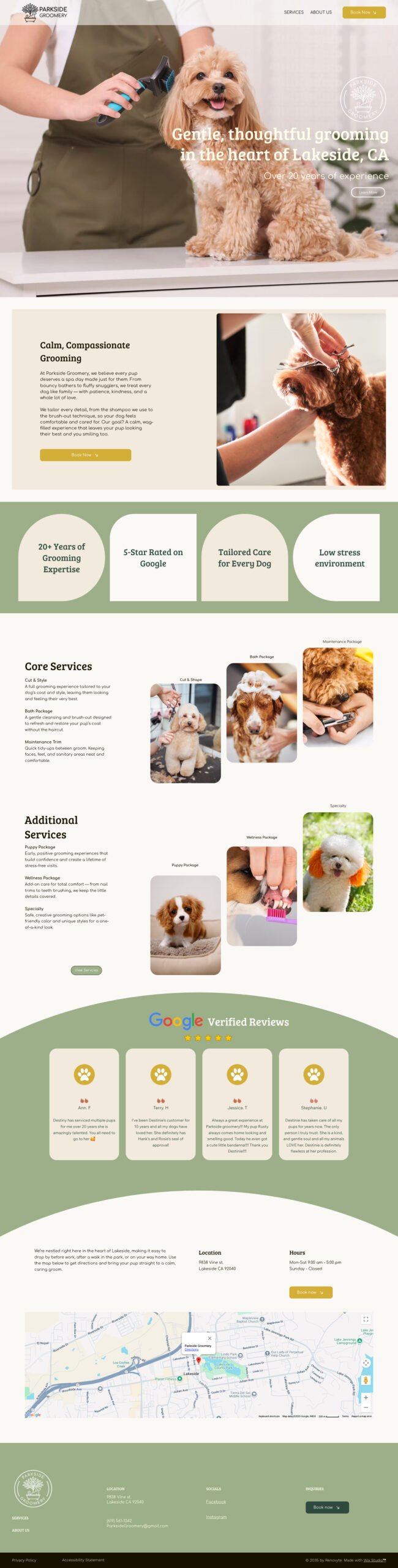 Screenshot of the Parkside Groomery website homepage featuring a dog grooming service in Lakeside, California, highlighting services, experience, Google reviews, and contact information.