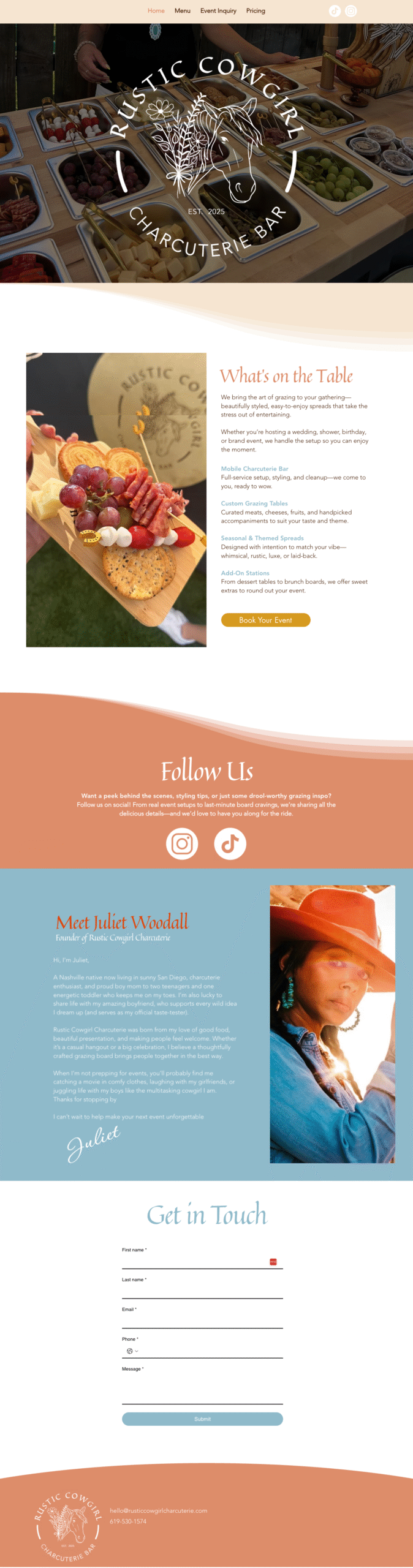 Screenshot of the Rustic Cowgirl Charcuterie Bar website featuring a mobile charcuterie setup, event catering details, and a contact form.