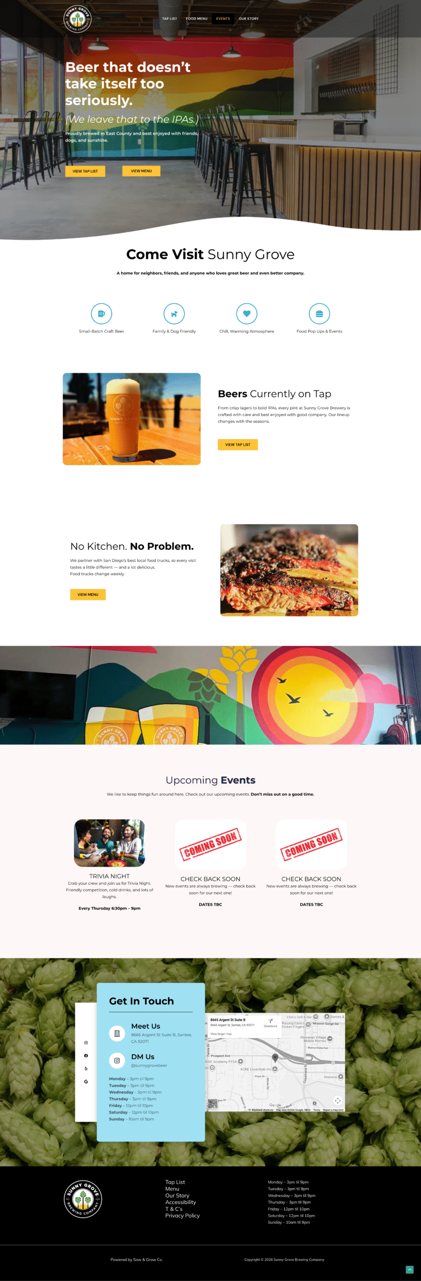 Screenshot of the Sunny Grove Brewing Co. website homepage featuring the taproom interior, craft beer on tap, food truck offerings, upcoming events, and contact information.